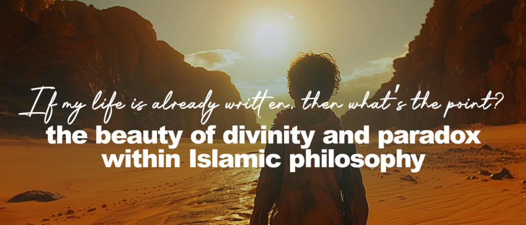 A young boy walks along through a vast desert canyon at sunset, his footprints trailing behind him in the golden sand. Towering rock formations rise on both sides, glowing in the warm orange light of the setting sun as he gazes toward the horizon