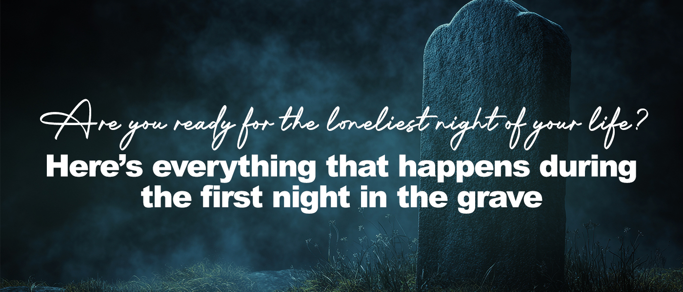 A single, weathered gravestone stands upright in a misty, dimly lit graveyard at night. The stone is surrounded by damp grass and scattered rocks, while a bluish fog drifts through the air, creating a somber and eerie atmosphere.